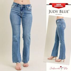 Judy Blue Mid Rise Waist Destroy Hem Zipper Fly Medium Wash Bootcut Denim Jeans